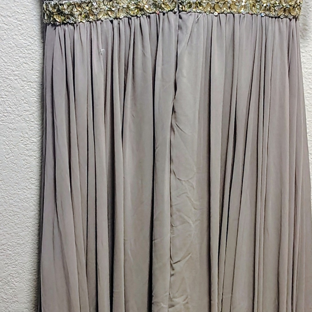 Elegant Tan Evening Dress with Gold Accents